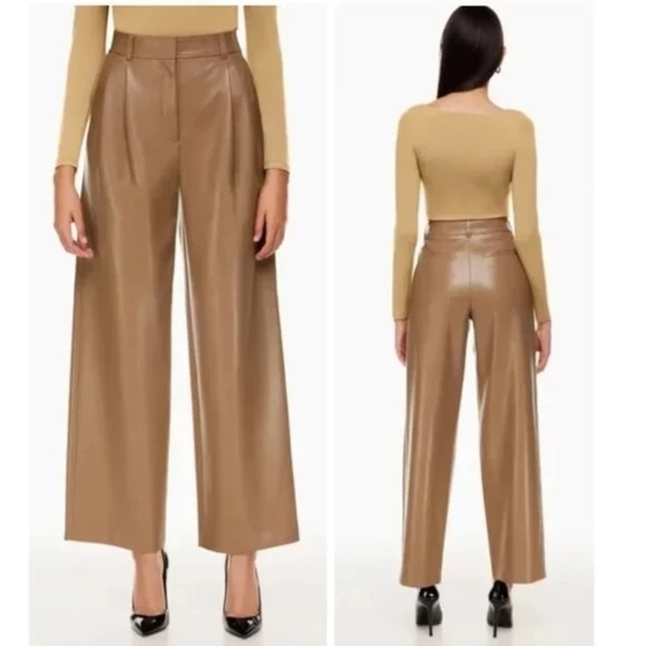 Aritzia Babaton Pleated Vegan Leather Pants in Constant Camel - Size 8 - Picture 1 of 9